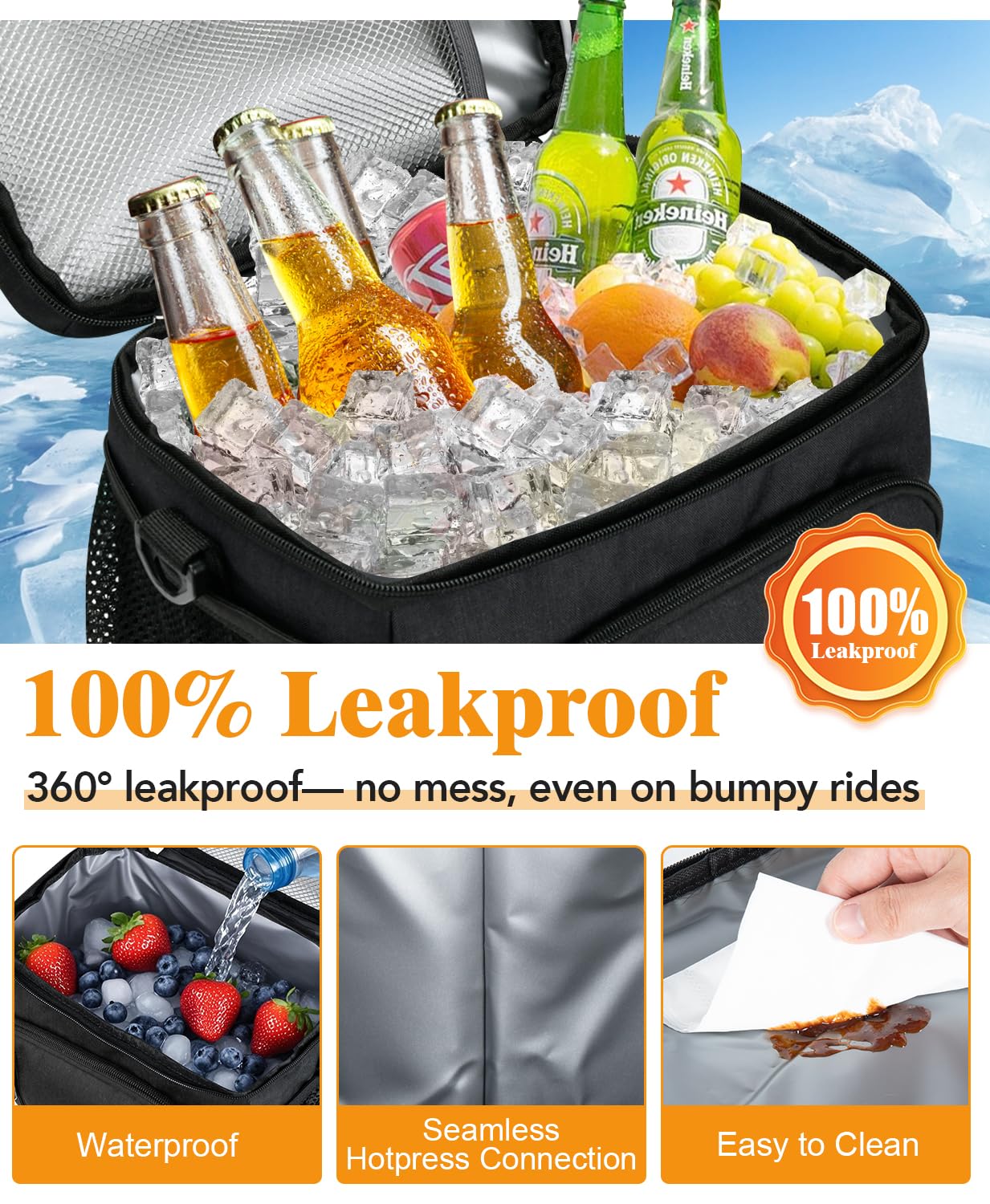 MIAOJIE Insulated Lunch Bag for Men & Women, 9L Leakproof Lunch Box Soft Cooler Tote with 5 Pockets, 600D Oxford, EVA Lining, Adjustable Strap for Work, Picnic, Beach&Travel-Black