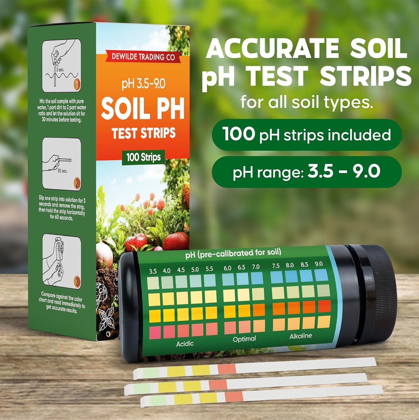 Soil Test Kit | 100 pH Test Strips (3.5–9 Range) for Garden, Lawn & Indoor Plants - Easy At-Home Testing
