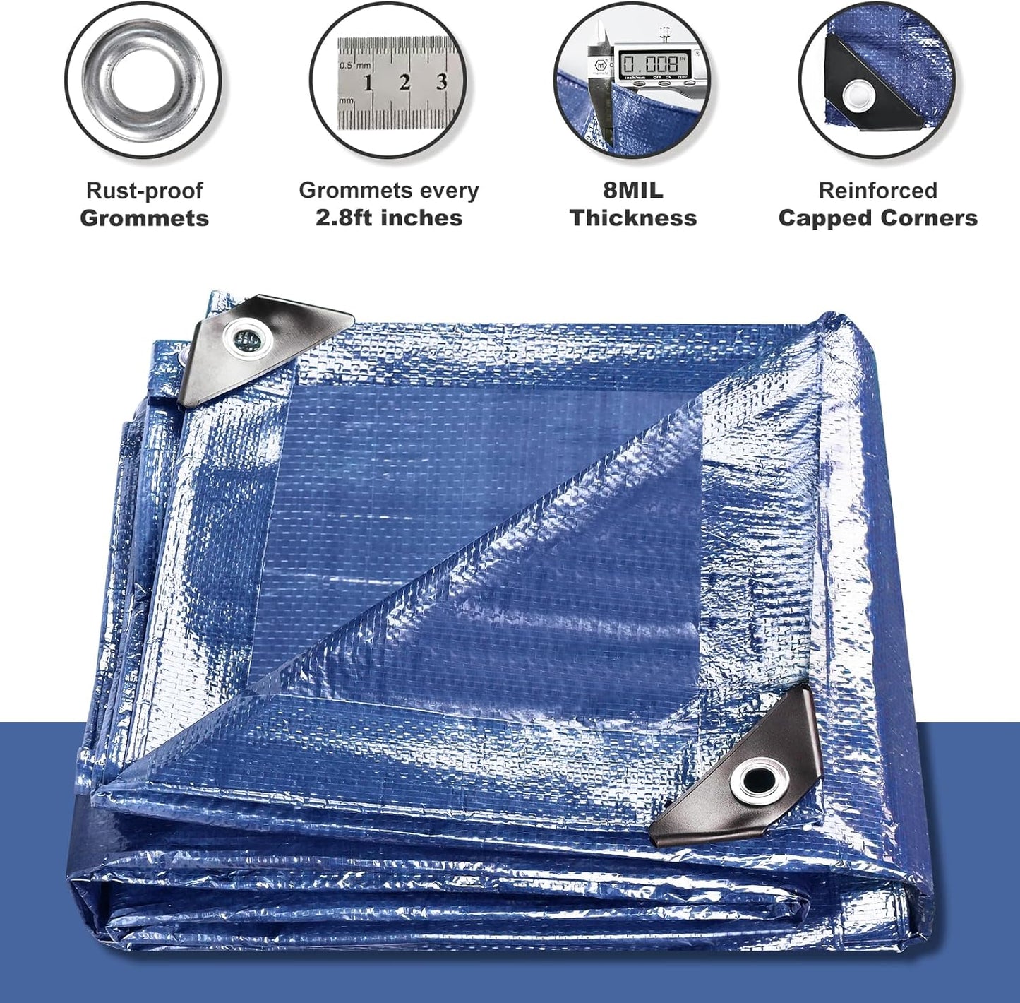 Tarps Waterproof Heavy Duty Blue Tarp Cover - 10x12 Feet, 8 Mil Thick, Metal Grommets for Outdoor Use