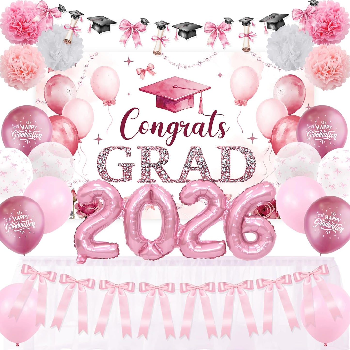 Regine Switzerland Pink Bow Graduation Party Decorations - 22PCS Banner & Balloon Set for 2026 Grads
