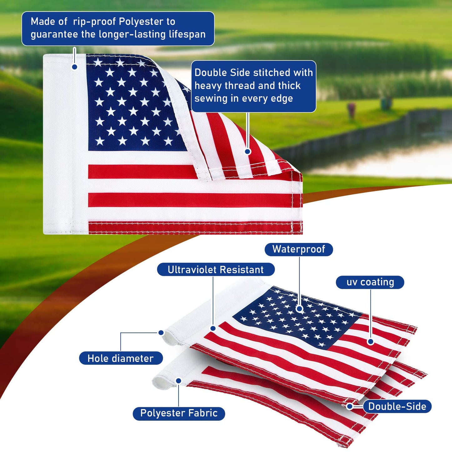 Moukeren 9 Pcs Golf Flag 8 x 6 Inch Putting Green Standard Practice American USA Double Side 420d Nylon for Indoor Outdoor Backyard Veterans Day Patriotic(hole Diameter 0.51)