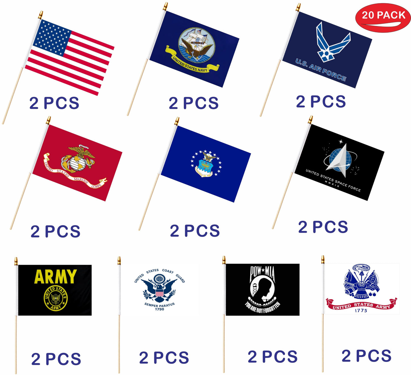 LUSEOAN 20 Pack Military Flag Set Small Mini Army Armed Forces All Branches Handheld Flags on Wooden Stick for Veterans Day,Memorial Day,US Fourth of July Decorations,5x8 Inch