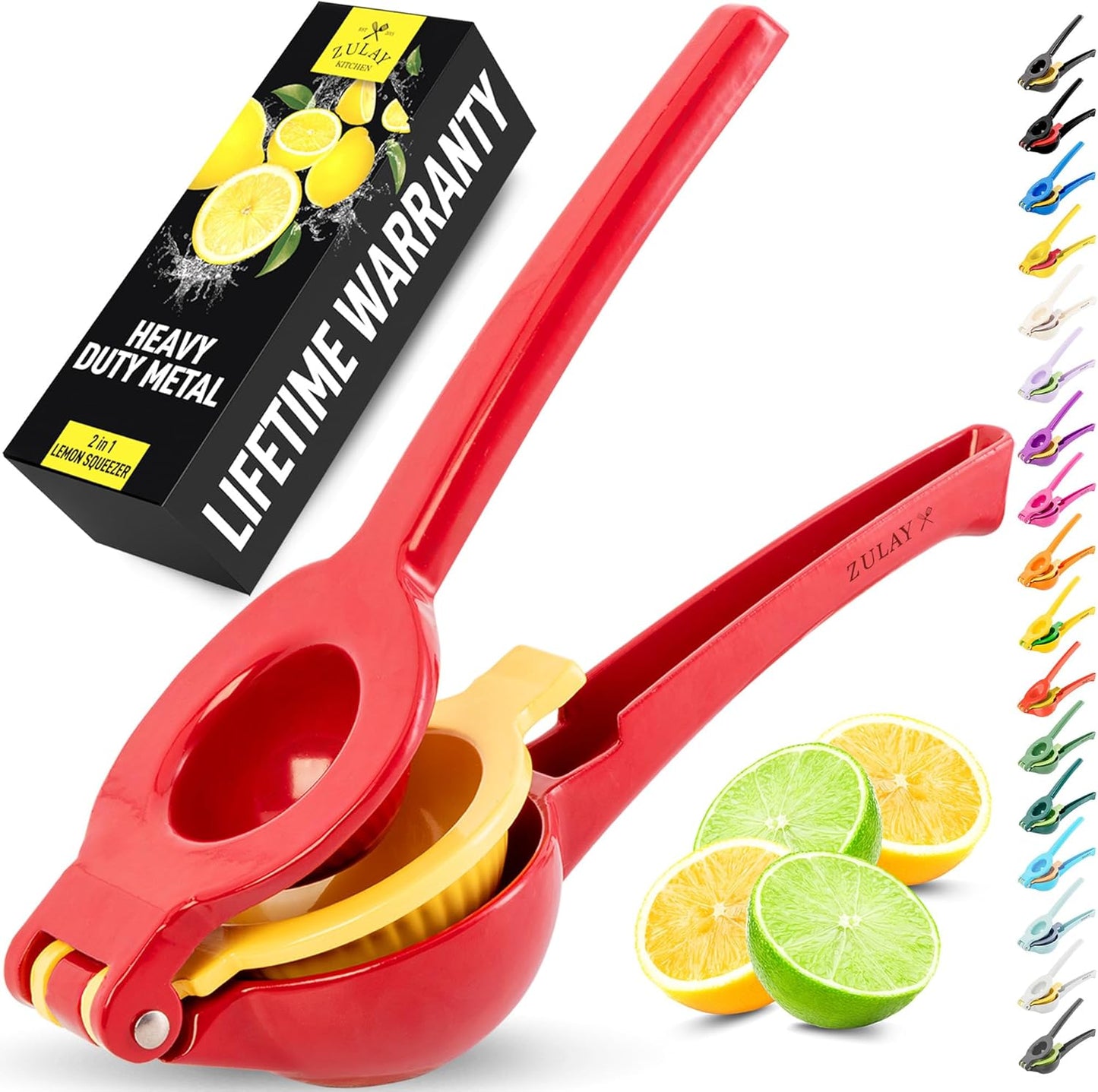 Zulay Kitchen 2-in-1 Lemon Squeezer - Sturdy Hand Juicer for Maximum Juice Extraction - Easy to Clean - Red/Yellow