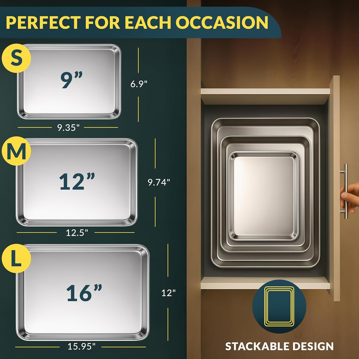 Baker’s Signature Stainless Steel Cookie Sheet Pan Set - Non-Stick, Rust Resistant | 3 Sizes: 9, 12, 16 Inch