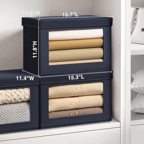 Homsorout Stackable Storage Bins - Large Fabric Closet Organizer with Lids | 5 Pack in Navy Blue
