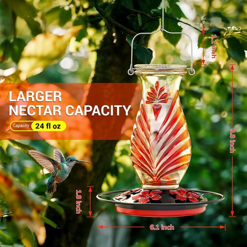 Hummingbird Feeder - 24oz Glass Nectar Feeder with Perch & 5 Flower Ports | Leakproof Outdoor Decor