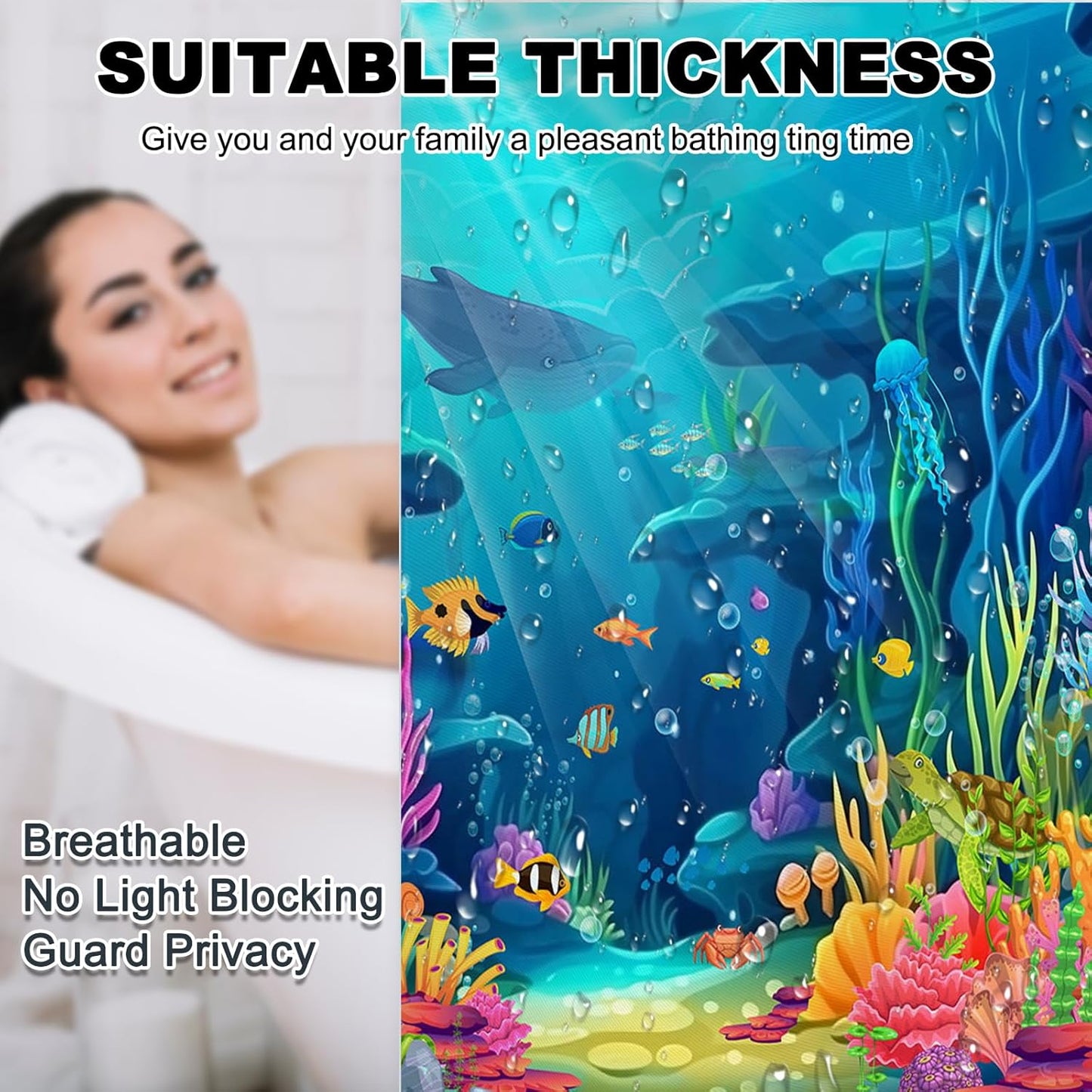 Skiennix Ocean Shower Curtain Set - Tropical Underwater World with Non-Slip Bath Rugs | 4-Piece Kids Bathroom Decor
