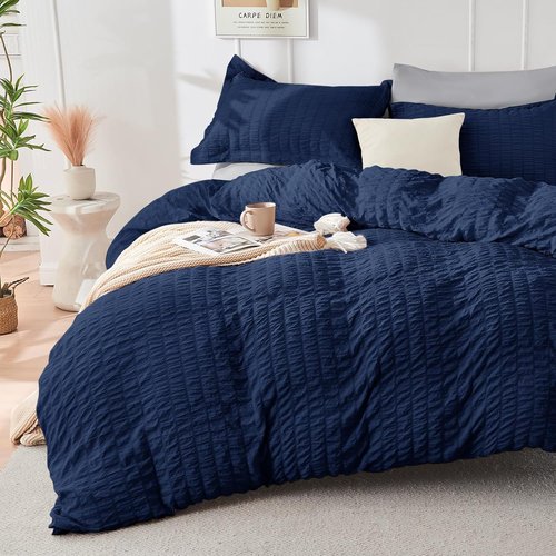 HYMOKEGE California King Comforter Set - Luxury 7-Piece All-Season Bedding in Navy Blue & Light Grey