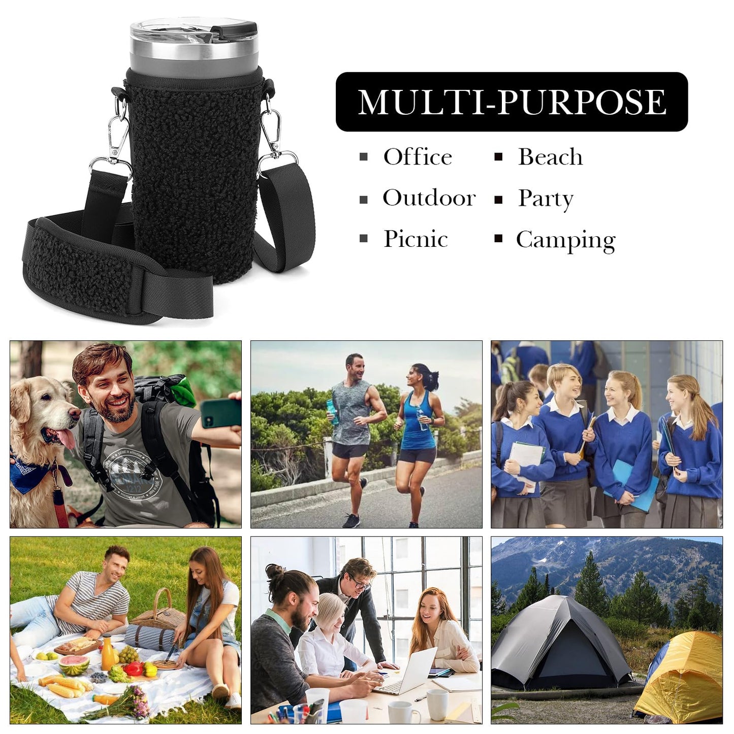 Linkidea Tumbler Carrier with Strap Compatible with Iron °Flask Grip Coffee Mug 16oz, Polar Fleece Mug Sling Bag Holder with Shoulder Strap (Black)