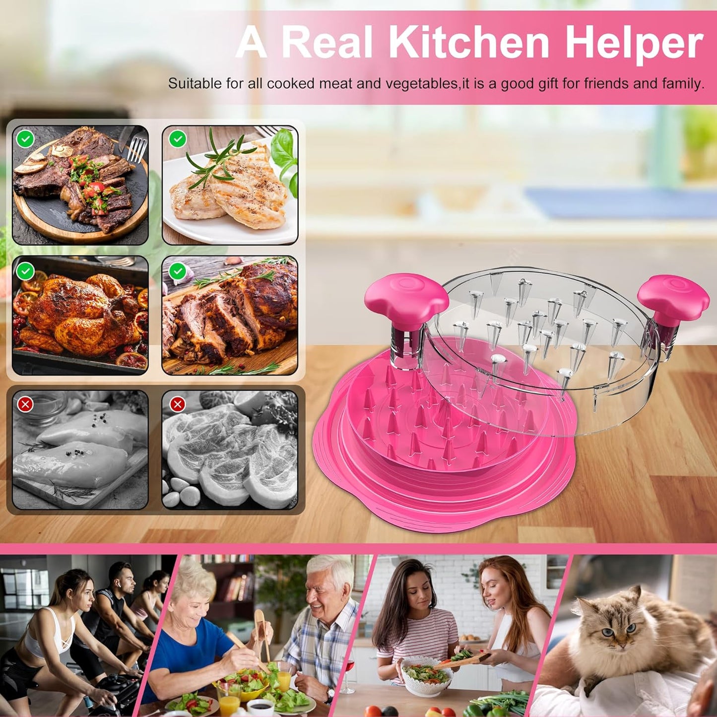 SURETIVIAN Chicken Shredder - Ergonomic Meat Shredder Tool with Brush & Fork | BPA-Free, Hot Pink