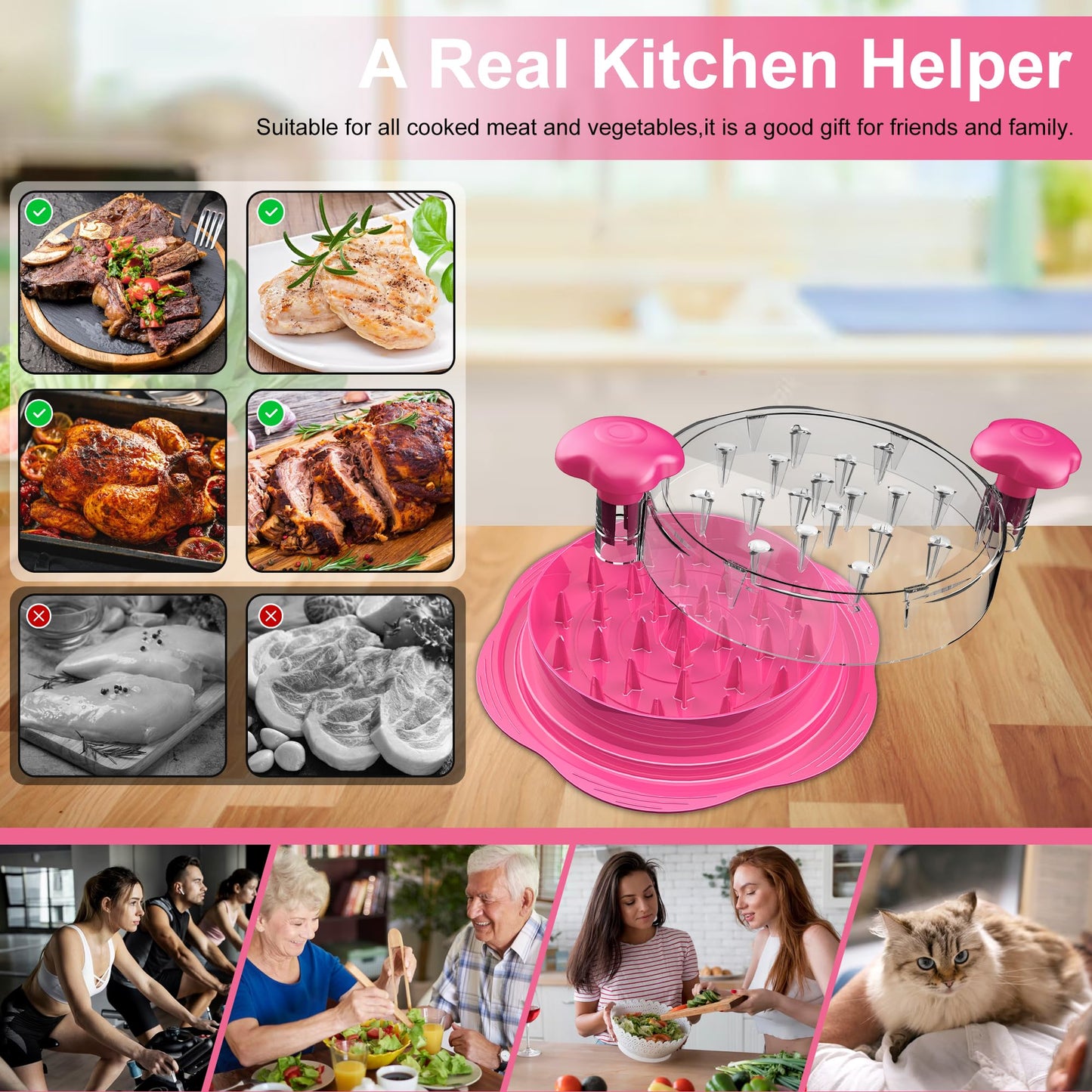 SURETIVIAN Chicken Shredder Large Chicken Breast Shredder Tool Twist with Brush&Fork, Visible Meat Shredder Machine, Anti-Slip Strip, Ergonomic Handle, BPA Free, Pork Beef Chicken(Hot Pink)
