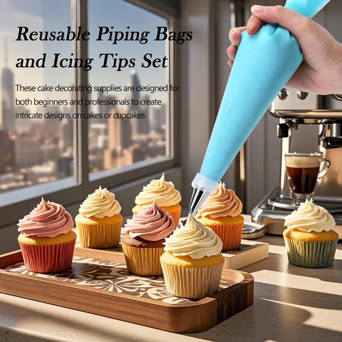 FATUXZ Piping Bags and Tips Set, Cake Decorating Kit with 2 Reusable Piping Bags, 24 Icing Tips, 2 Couplers, 3 Scrapers 2 Silicone Rings, Cupcake Decorating Kits Cake Piping Tips Frosting Piping Kit