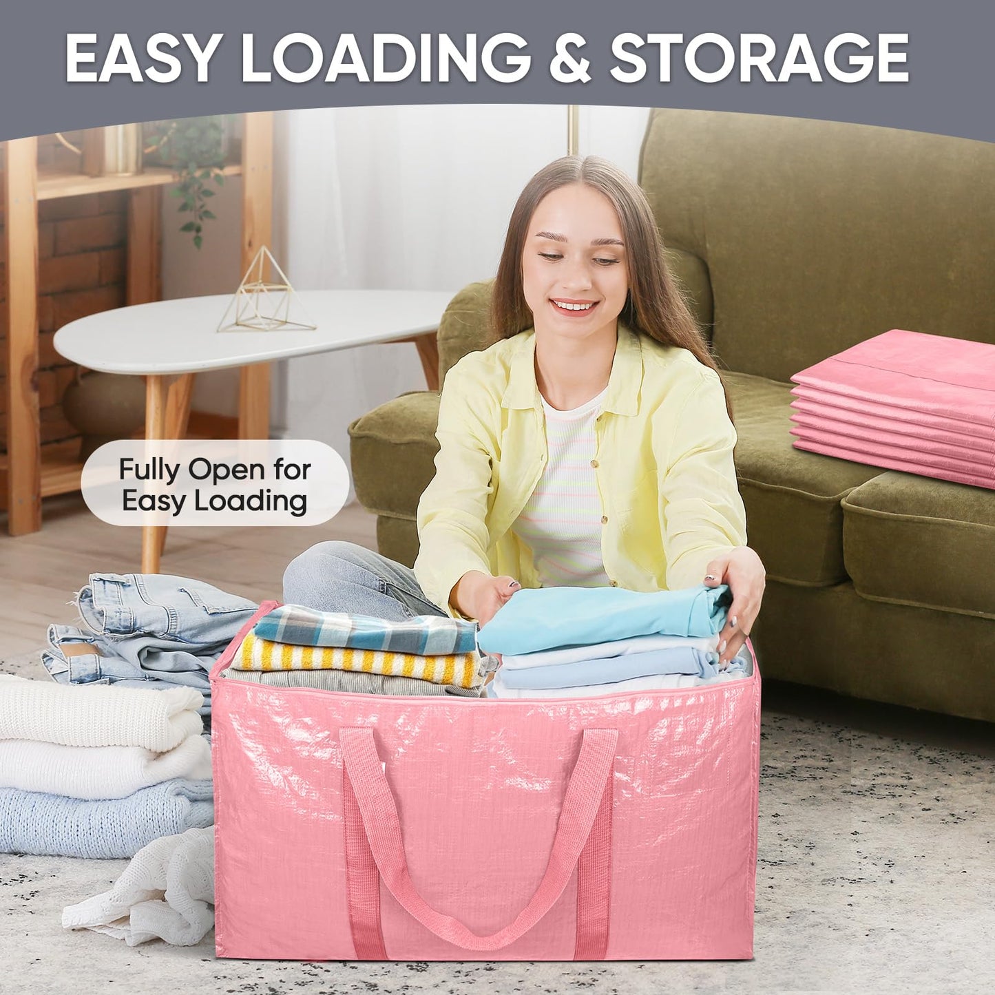 TICONN 2 Pack Extra Large Moving Bags Heavy Duty with Zippers & Carrying Handles, Durable Storage Bags Moving Boxes for Closet Organizers and Storage (2 Pack, Coral)