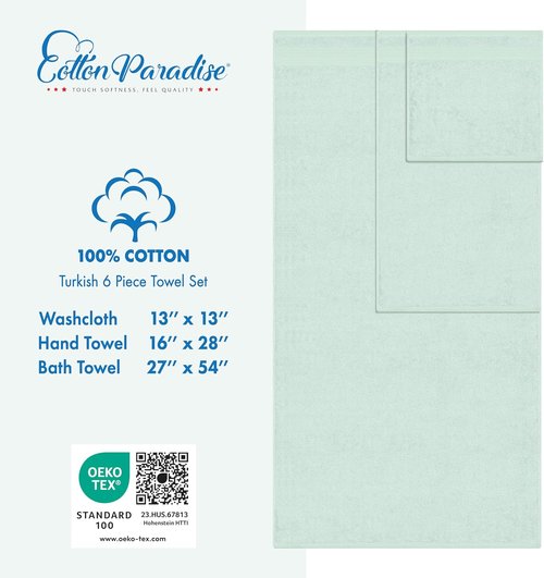 Cotton Paradise 6-Piece Towel Set - 100% Soft Absorbent Turkish Towels in Mint | 2 Bath, 2 Hand, 2 Washcloths