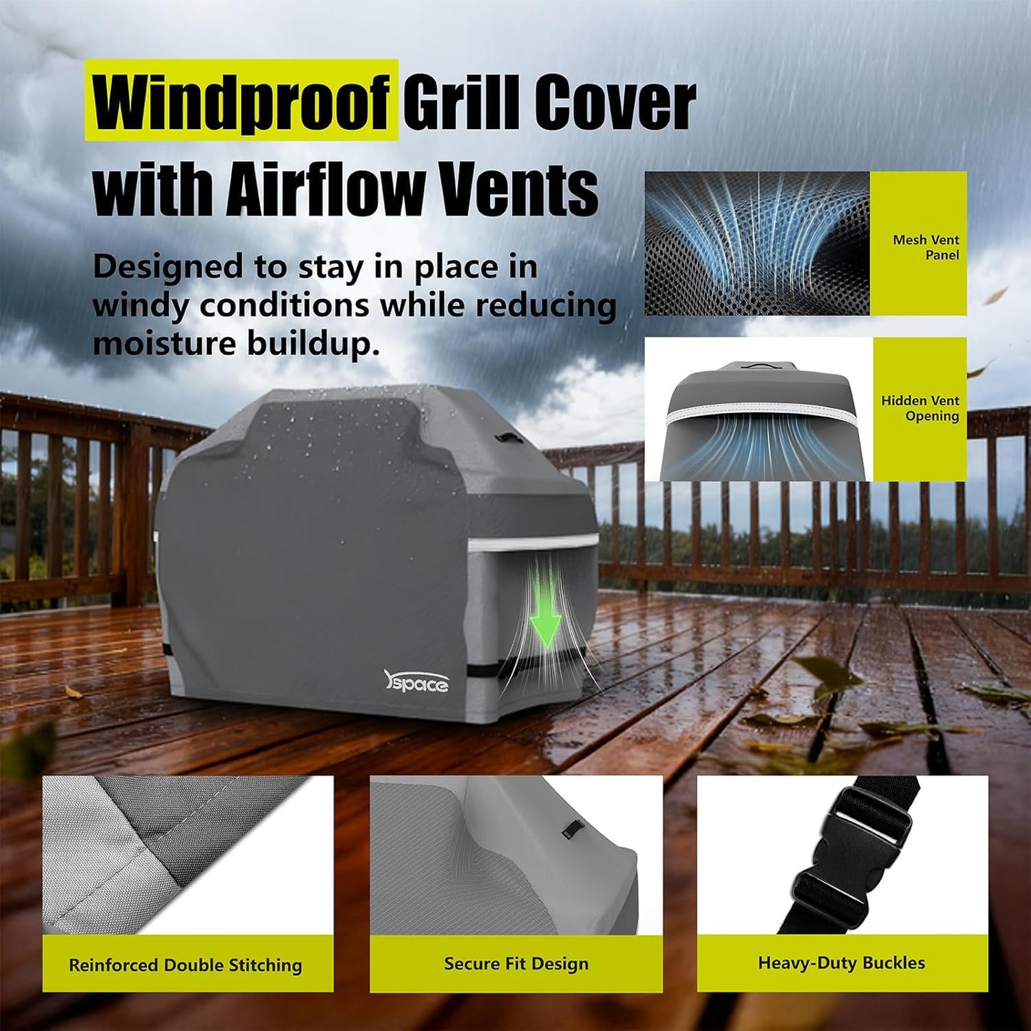 YSPACE 52 Inch Heavy Duty Waterproof Grill Cover - Fits Weber Spirit 300 Series & More | Reflective Strips & Buckle Straps