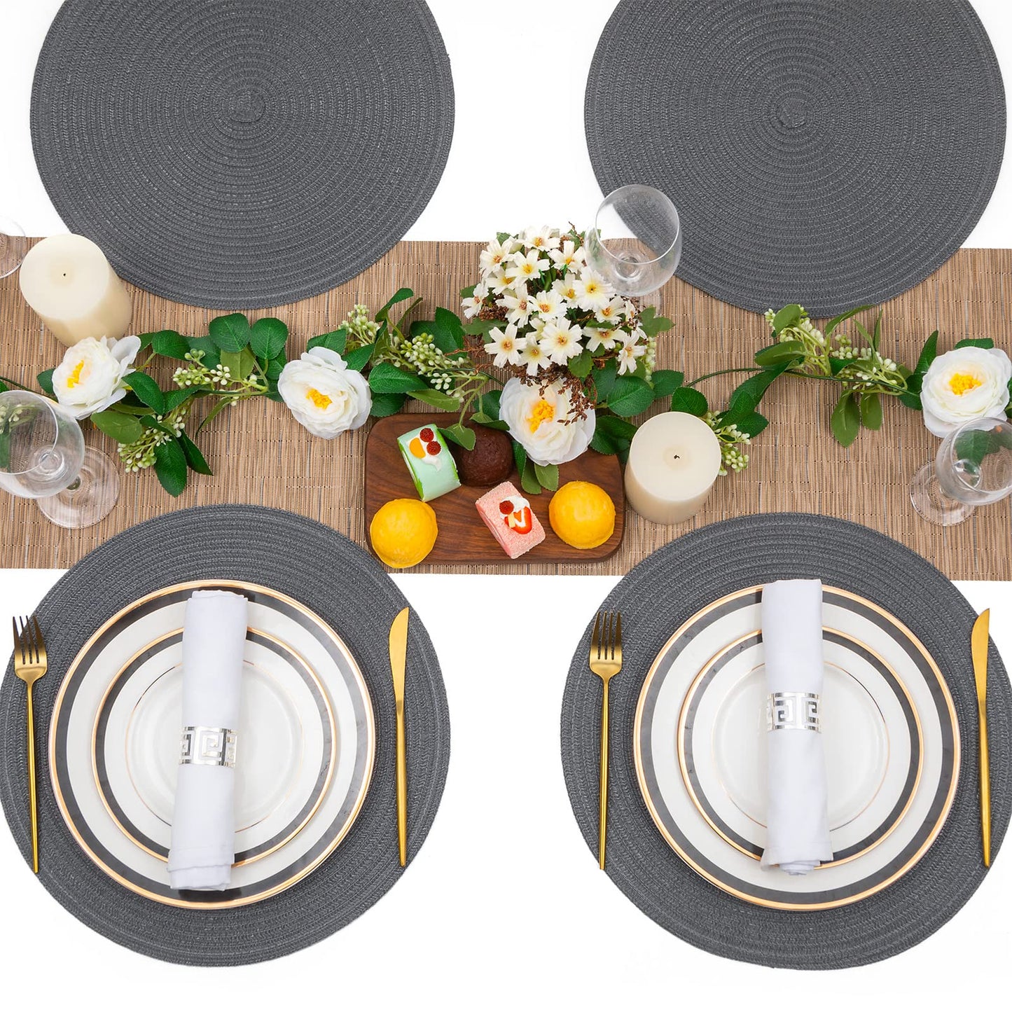 SHACOS Round Placemats Set of 6 Washable 15 inch Round Table Mats Cotton Polyester Woven Braided Place Mats for Dining Table (Charcoal Gray, 6)