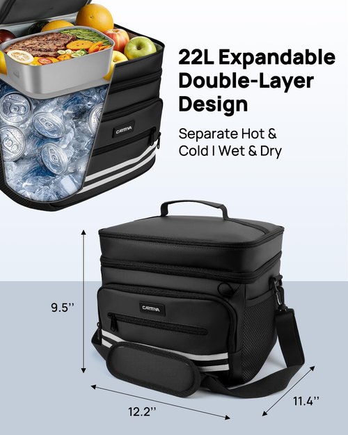 Carttiya Insulated Lunch Box for Men & Women - 26L X Large Lunch Bag, Leak-Proof Cooler Lunch Bag, Adjustable Strap, Ideal for Work, Picnic, Travel 14.6"×11.5"×9.5" (Black)
