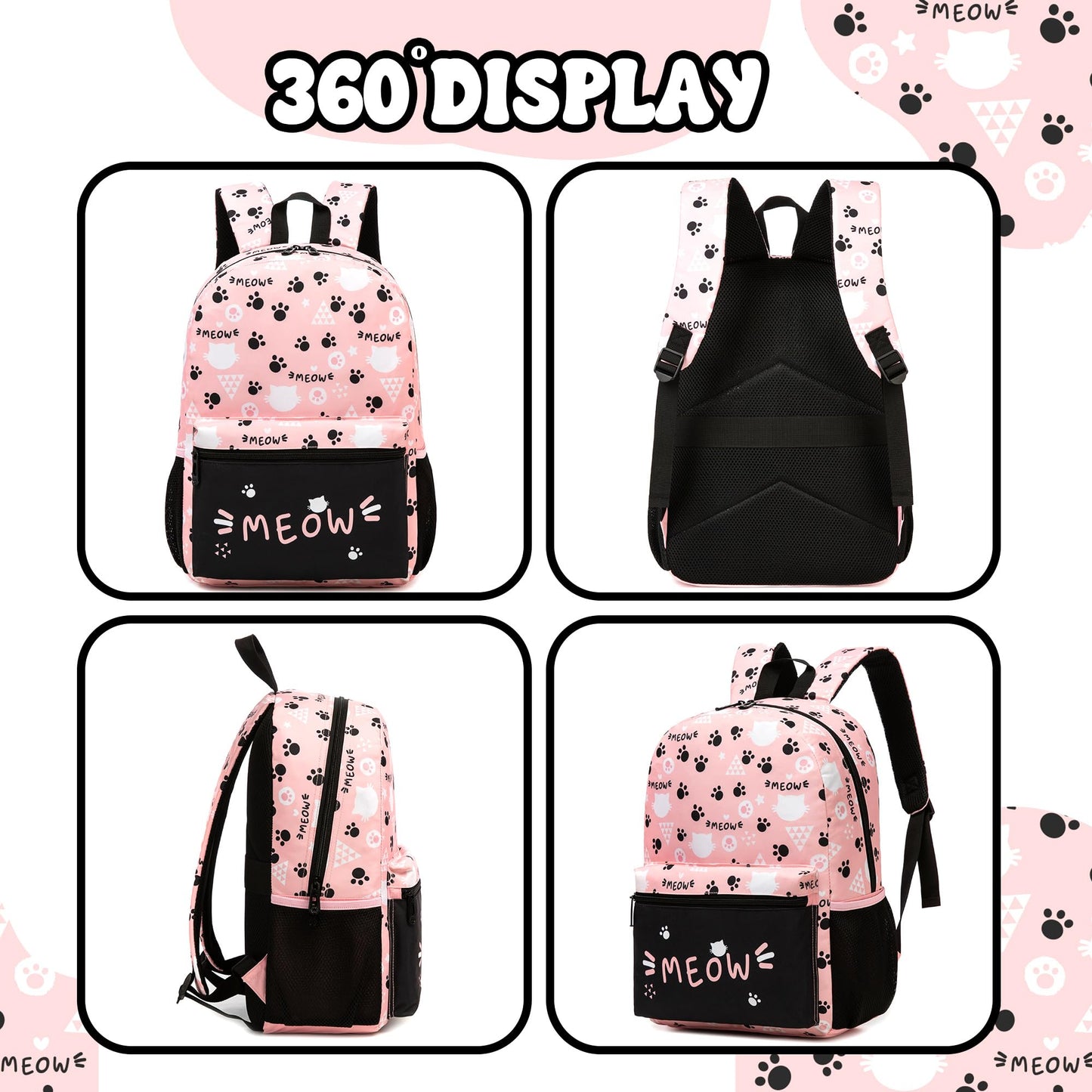 Backpack for School Kids Backpacks for Girls Bookbag Set Backpacks for Teen Girls with Lunch Box Pink Cat Preppy Backpack for School