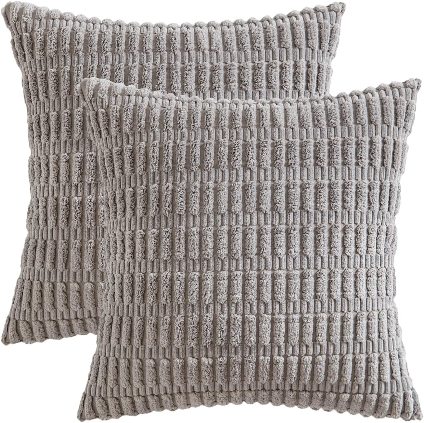 MIULEE Corduroy Throw Pillow Covers - Soft Boho Striped Design | 16x16 Inch Light Grey Decor