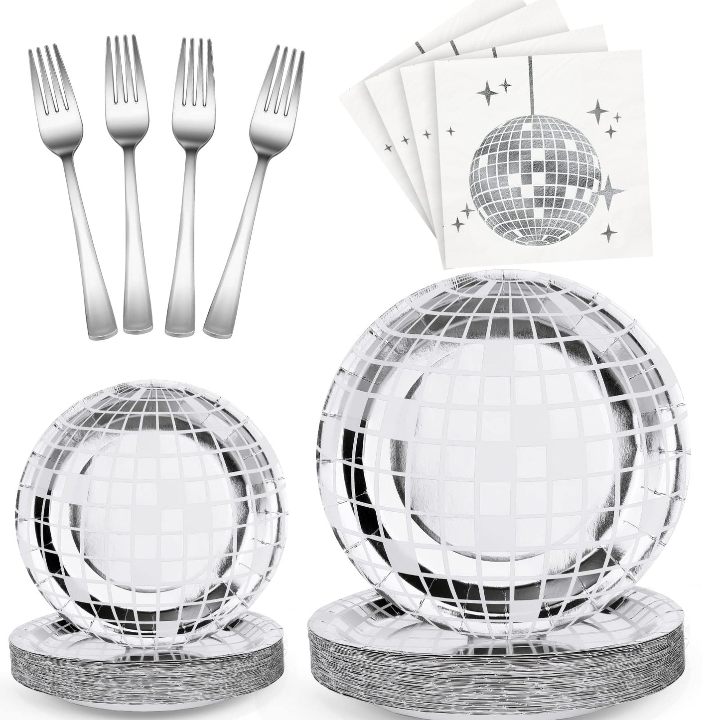 Tanlade 200 Pcs Disco Ball Party Supplies Disco Plates and Napkins Silver Tableware Set for 70s 80s 90s Birthday Rock Roll Dance Music Party 50 Guests