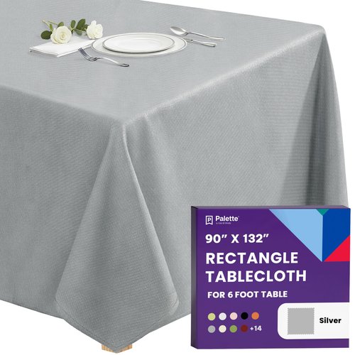 Gee Di Moda Rectangle Tablecloth - 90 x 132 Inch Silver Table Cloth for 6 Foot Tables with Floor-Length Drop - Heavy Duty Washable Fabric for Holiday Party, Dinner, Weddings & Baby Shower