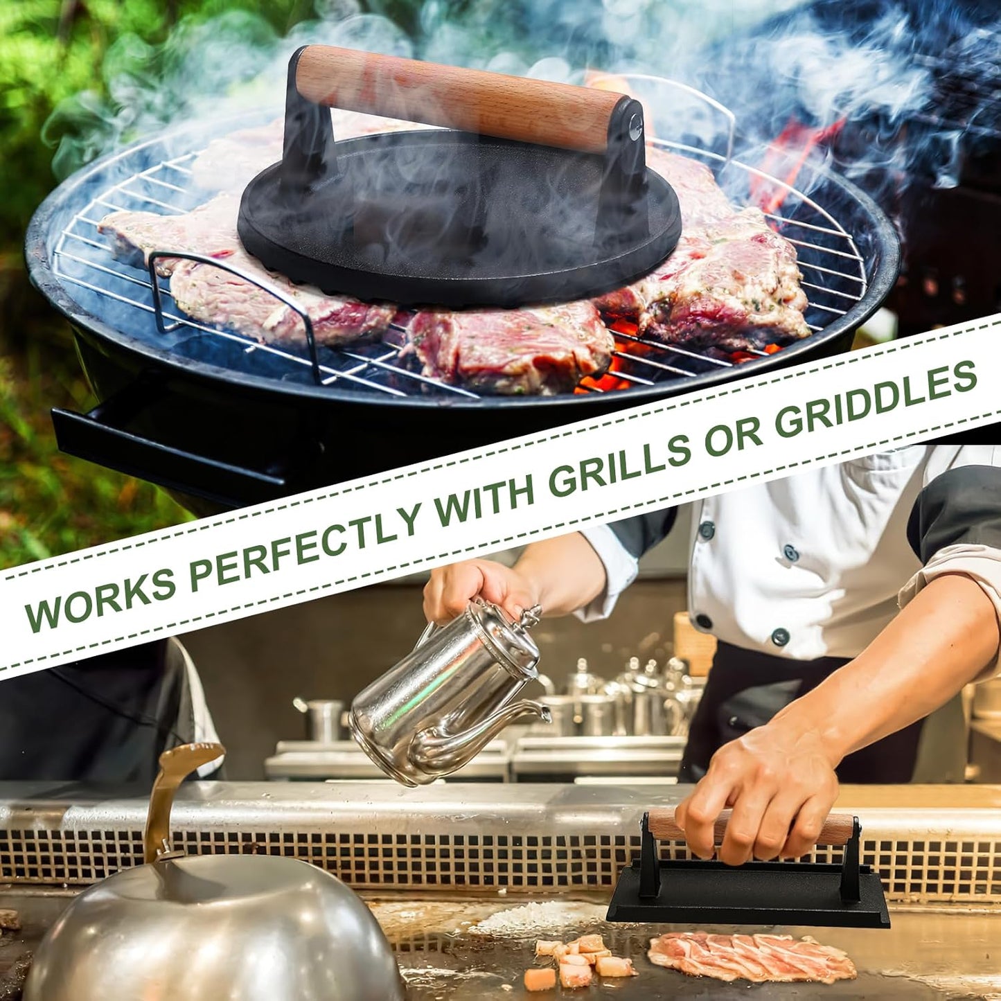 Skiennix Burger Press - Heavy-Duty Cast Iron Round & Rectangle with Wood Handle - Perfect for Griddles & Sandwiches