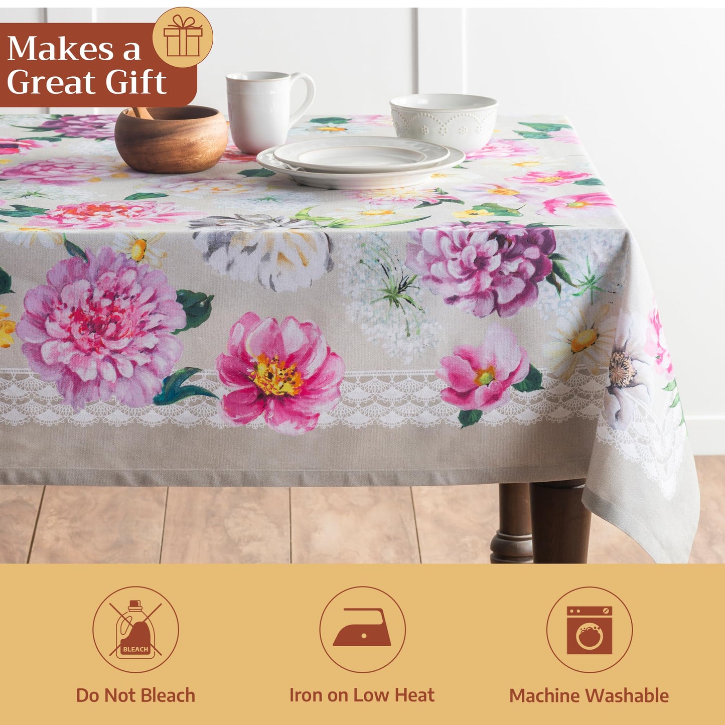 Maison d' Hermine Table Cloth Rectangle Table 100% Cotton 60 x 108 Inches Tablecloth Reusable Decorative for Dining Kitchen Room Farmhouse Home Gifts for Mothers Day Spring Summer - Pivoine