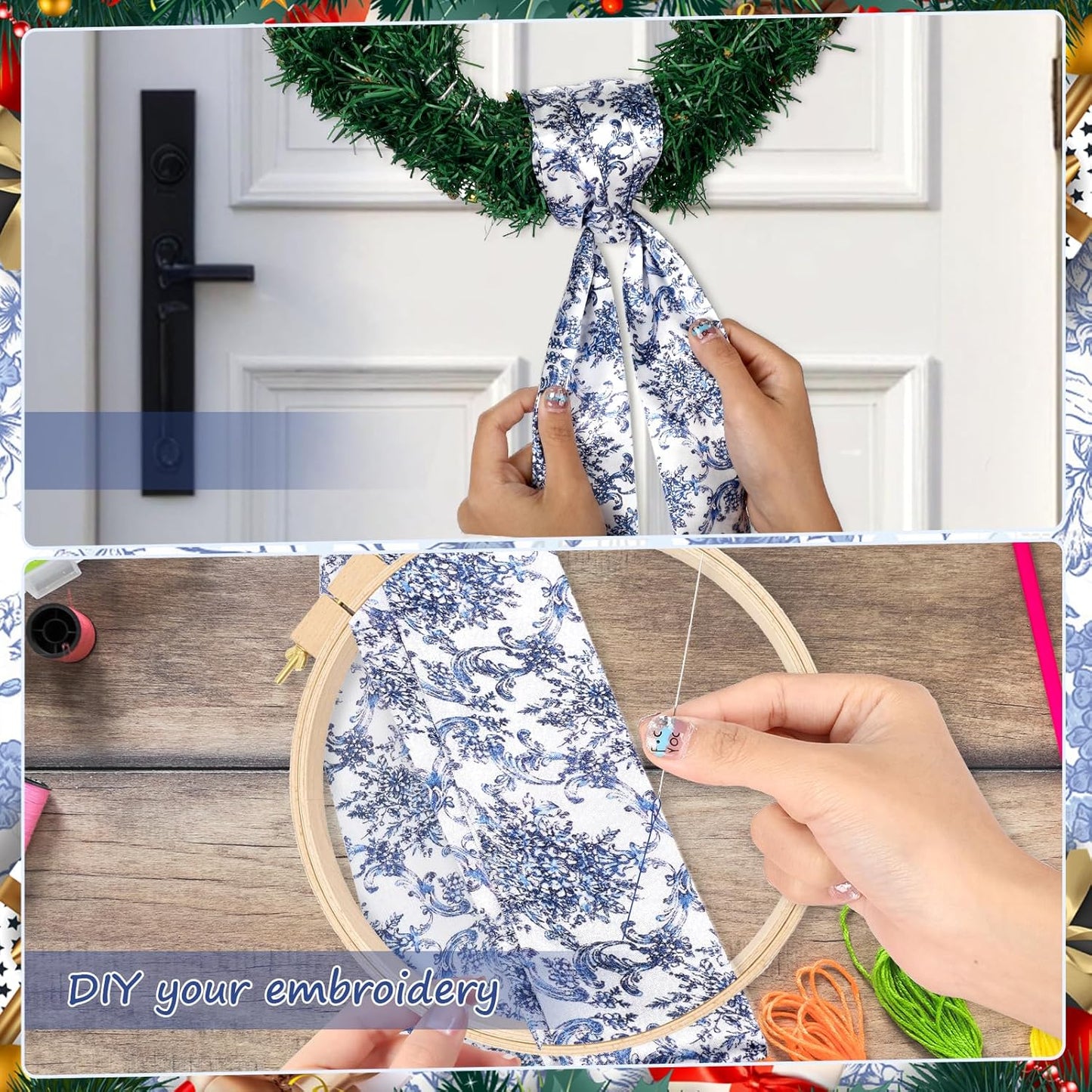 Skiennix Chinoiserie Satin Blue & White Flower Wreath | 2-Piece Door & Wall Decor Set