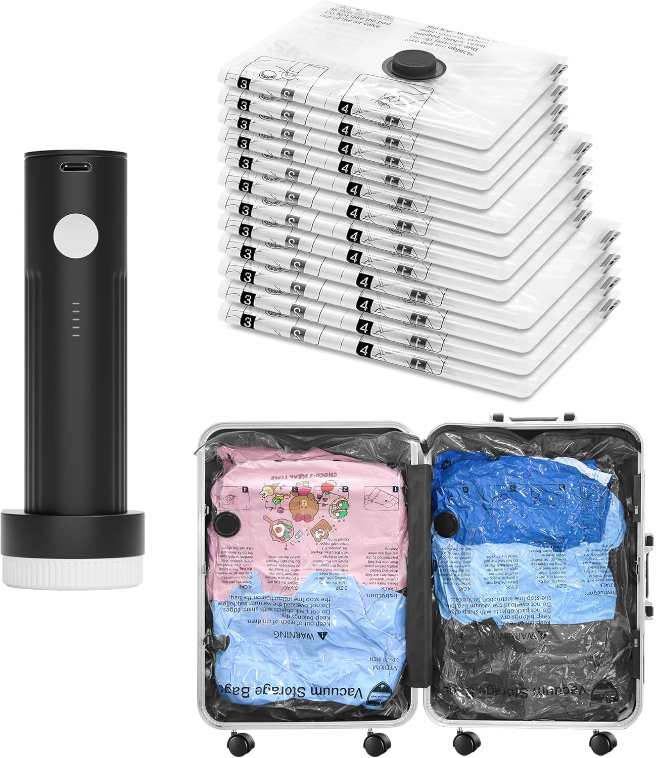 Skiennix Vacuum Bags - Travel Compression Packing Bags with Rechargeable Pump | 12 Combo Set (4L/4M/4S) for Clothes Storage