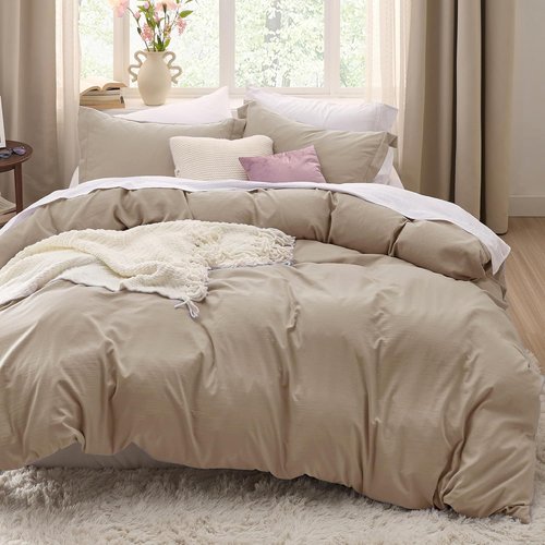 Bedsure Duvet Cover Set - Light Brown Full Size, Extra Soft Cotton-Like Bedding, 3 Pieces, 80x90 Inches