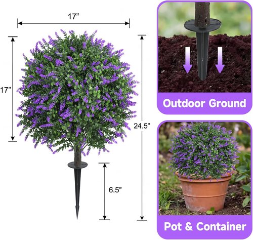 Artificial Lavender Topiary Ball Trees by Dense Foliage - UV Resistant 24 Inch Faux Plants | 2 Pack for Garden & Patio Decor