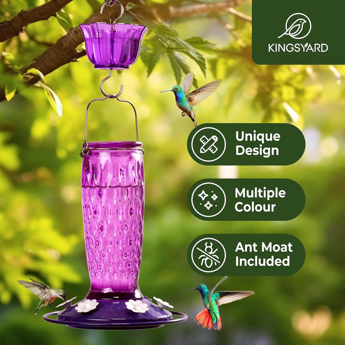 Kingsyard Glass Hummingbird Feeders - 24 oz Leak-Proof Outdoor Nectar Feeders with 6 Ports & Ant Moat - Purple (2 Pack)