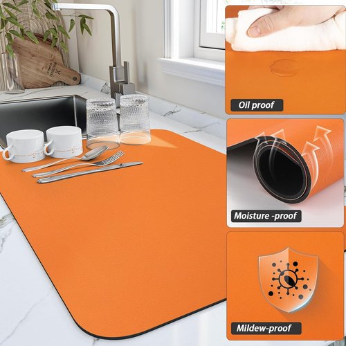 HotLive Dish Drying Mat - Super Absorbent Kitchen Drainer with Non-Slip Backing | 18"x28" Orange