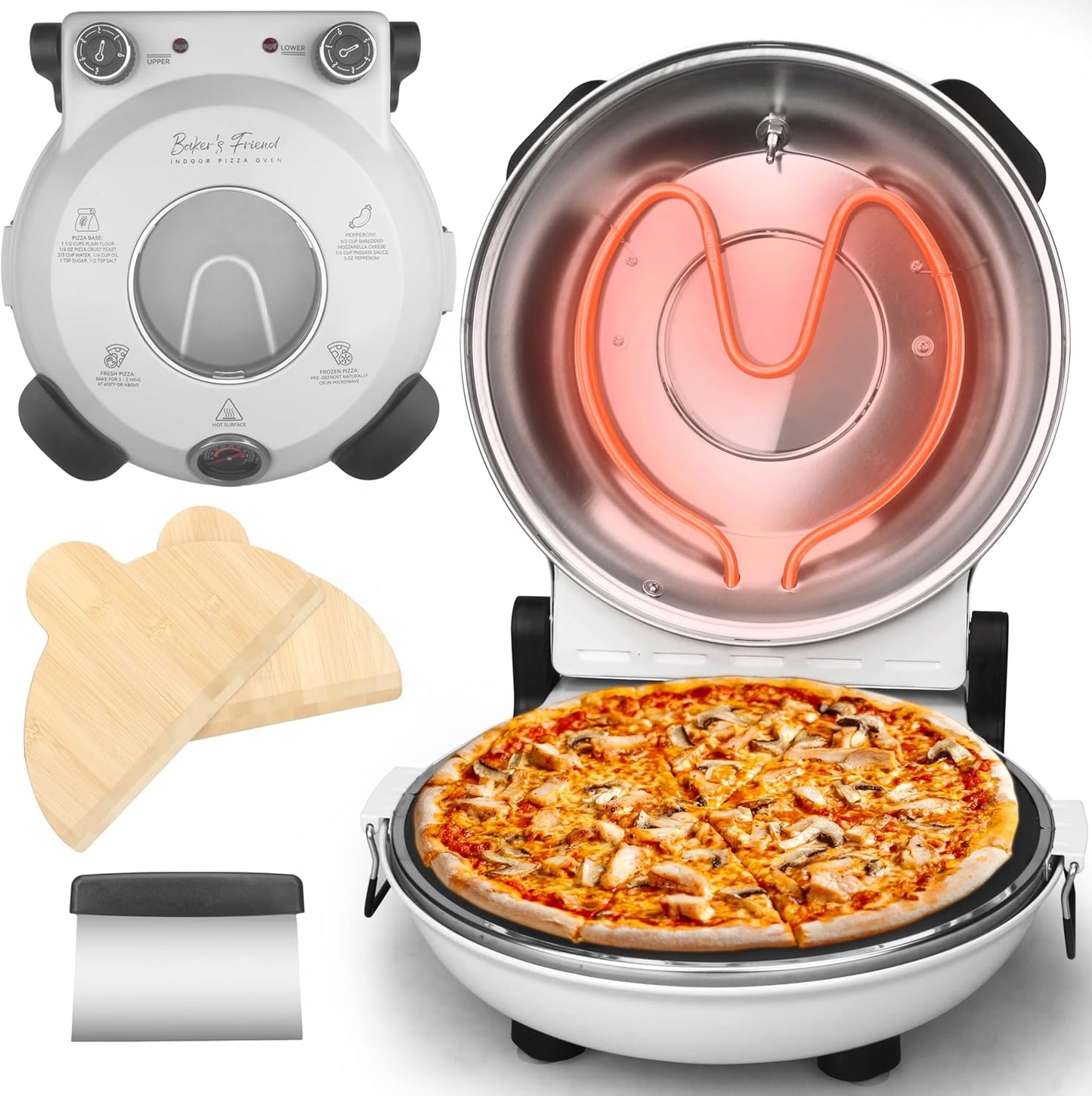Baker's Friend Electric Pizza Oven - 12-Inch Indoor Countertop Cooker with Premium Ceramic Stone - Creamy White