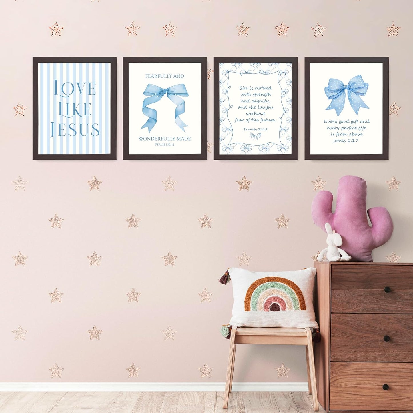 LARTSFRO Coquette Blue Bow Wall Art - Inspirational Bible Verse Decor | Set of 4, 10x8 Inch for Teen Girls