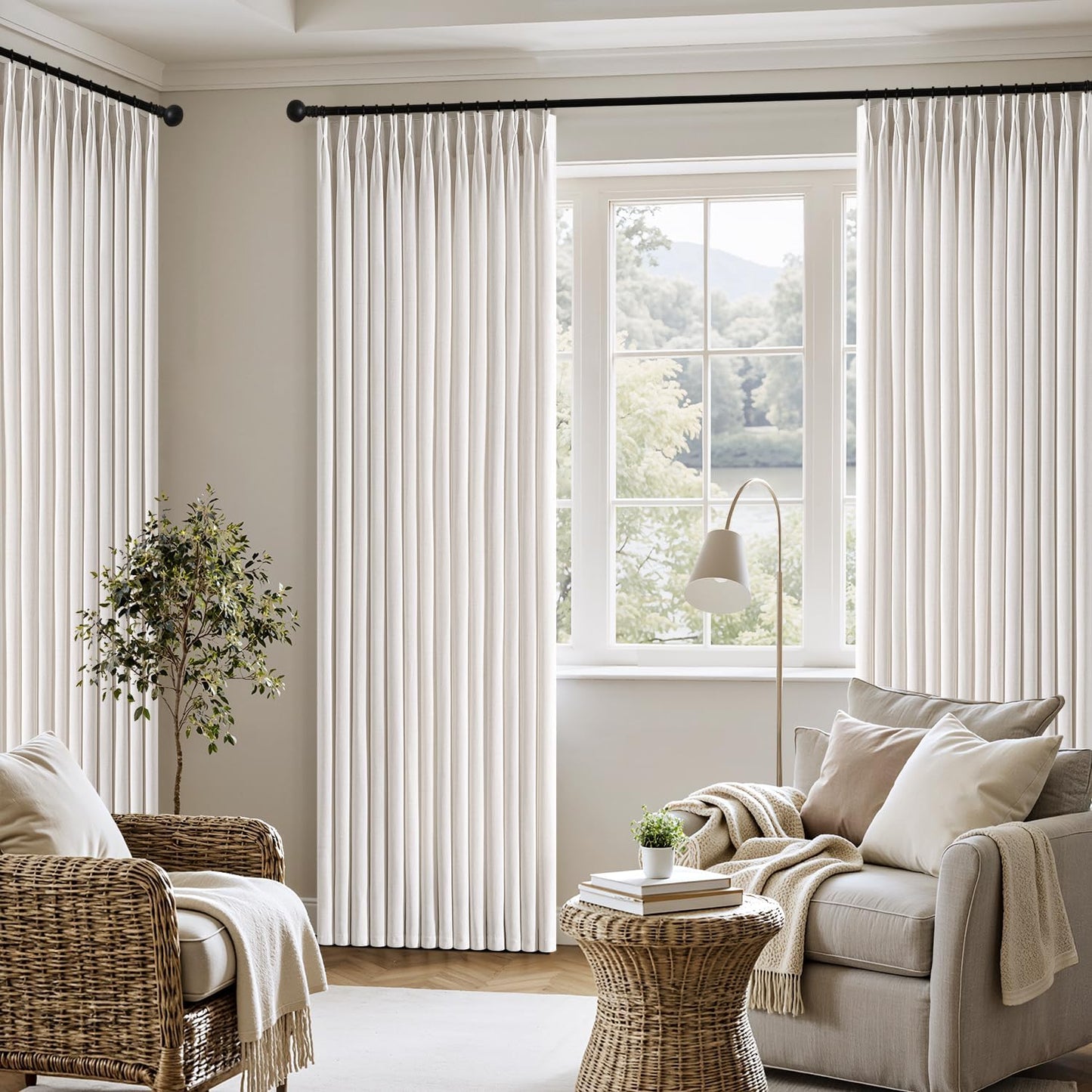MIULEE Thick Linen Pinch Pleated Curtains - 90 Inch Semi-Sheer Light Filtering Drapes | 4 Panels in Beige & White