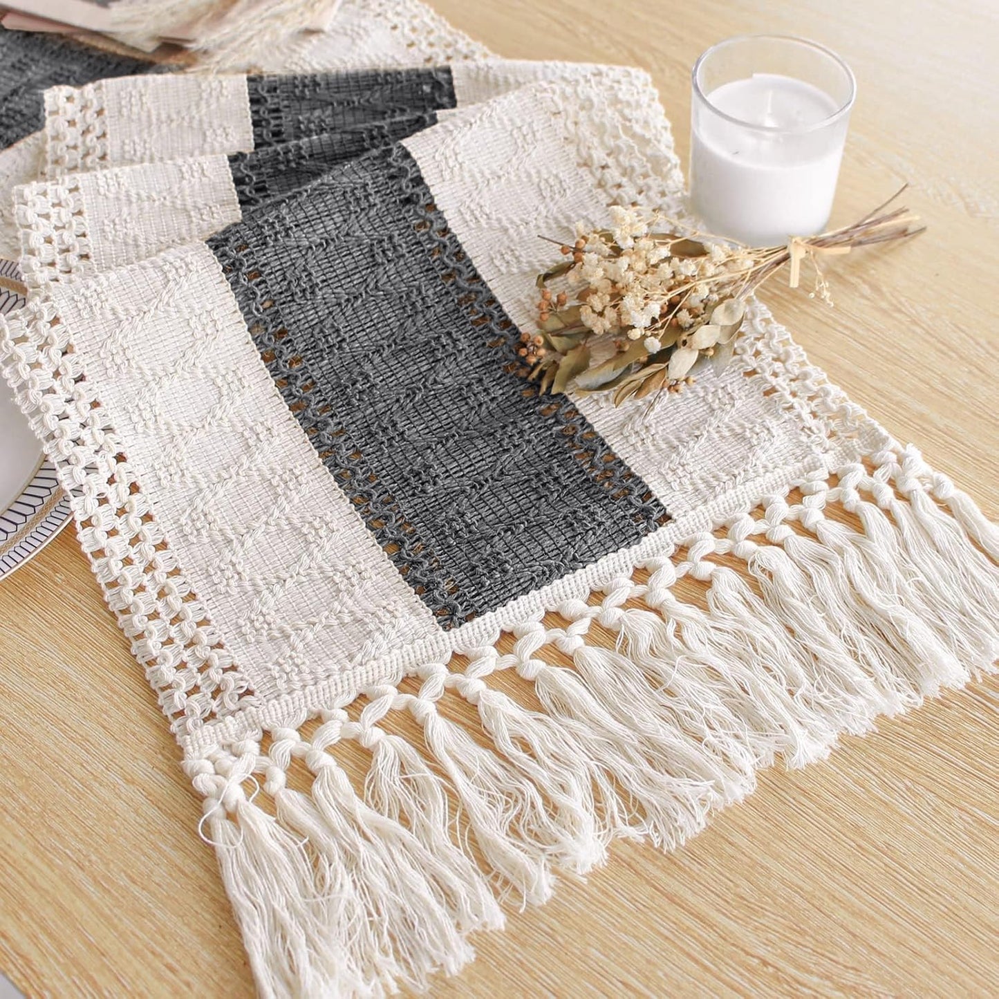 FEXIA Boho Table Runner for Home Decor with Tassels 108 Inches Long,Grey Farmhouse Rustic Table Runner Macrame Burlap Table Decoration for Living Room Bridal Shower(12x108 Inches)
