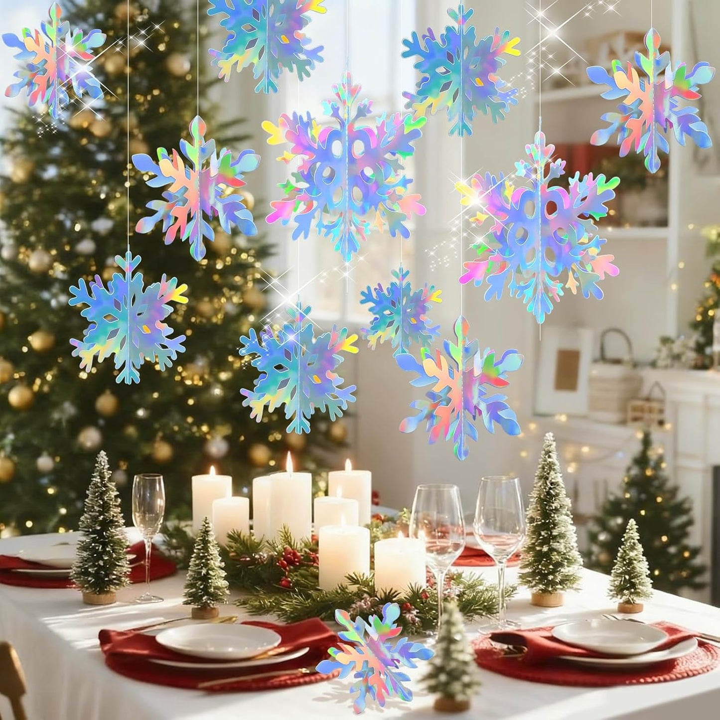Skiennix 18 Pcs Snowflake Decorations - 3D Iridescent Hanging Ornaments for Winter Wonderland Decor