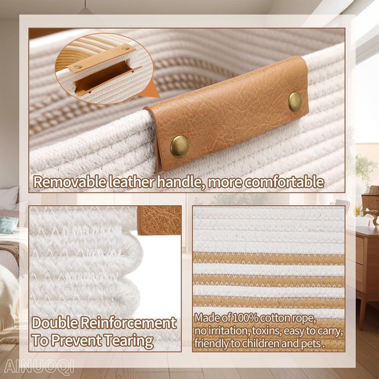 Skiennix Large Laundry Hamper - 85L Cotton Rope Woven Storage Bin with Leather Handles | Versatile for Blankets, Toys, and More