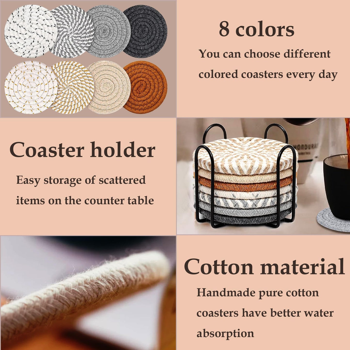 Windran Woven Coasters Set of 8, Absorbent Drink Coasters with Holder, Boho Cotton Coffee Cup Coaster for Table, Desk, Coffee Bar, Housewarming Gift (8 Colors,4.17 Inch)