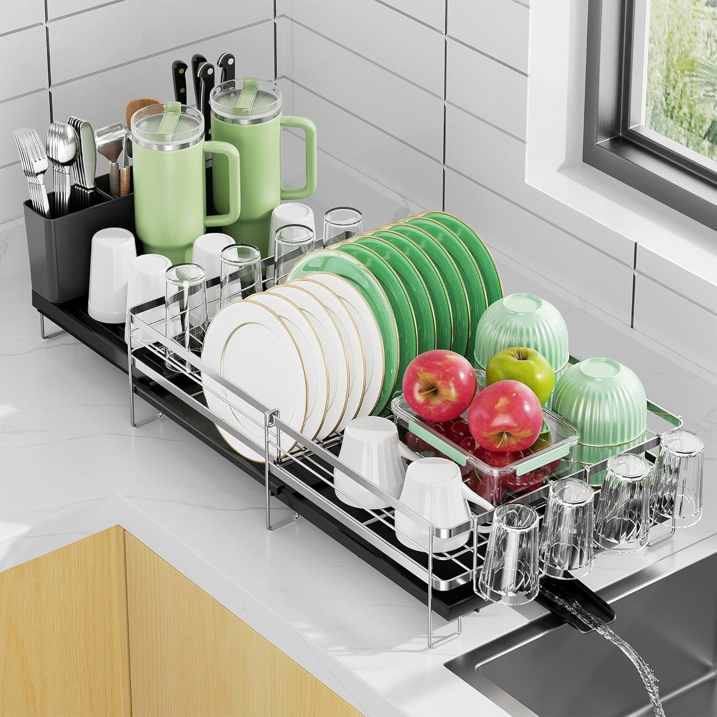 Skiennix Large Expandable Dish Drying Rack - Stainless Steel Anti-Rust Kitchen Drainer | 13.4"-28.7" L x 11.8" W
