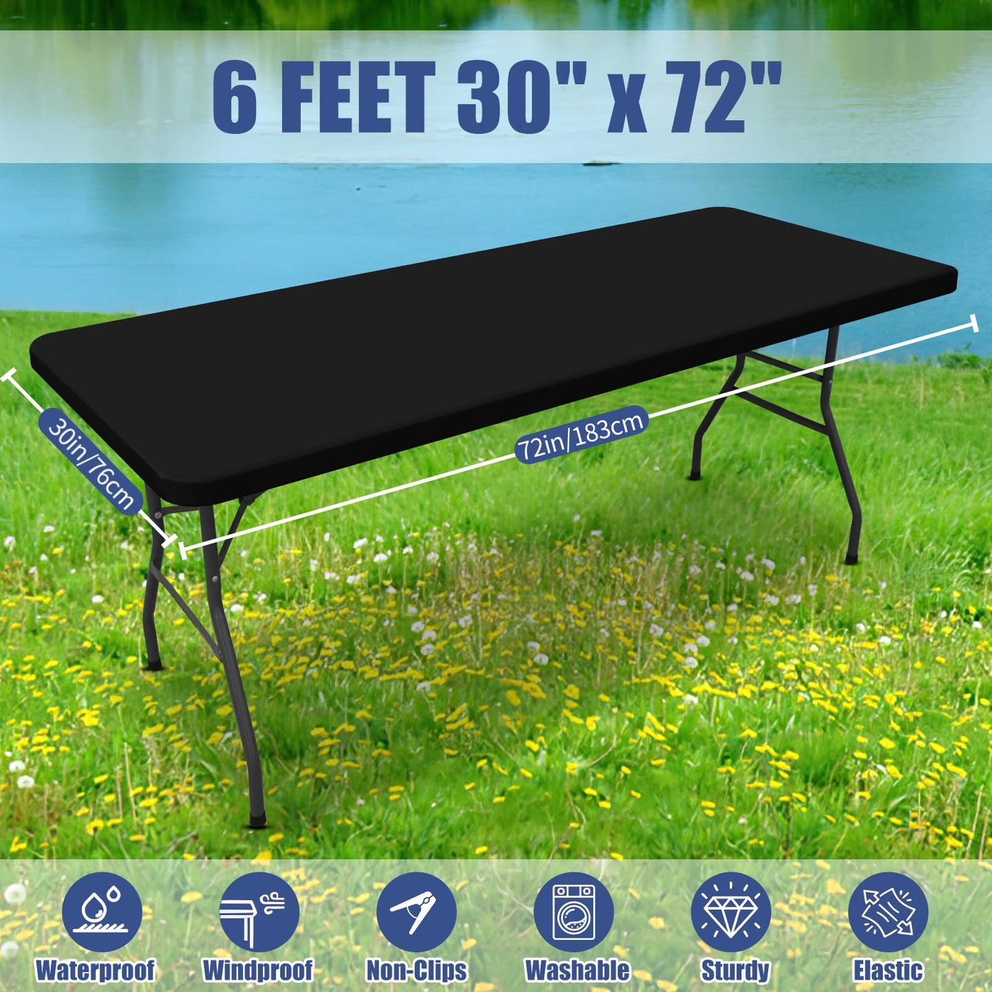Moosfor Spandex 6 Foot Rectangle Table Cloth 6 Pack, Elastic Fitted Tablecloths for Picnic, Stretch Washable Patio Table Cover for Outdoor, Camping, Banquet and Parties (Black, 30"x72")