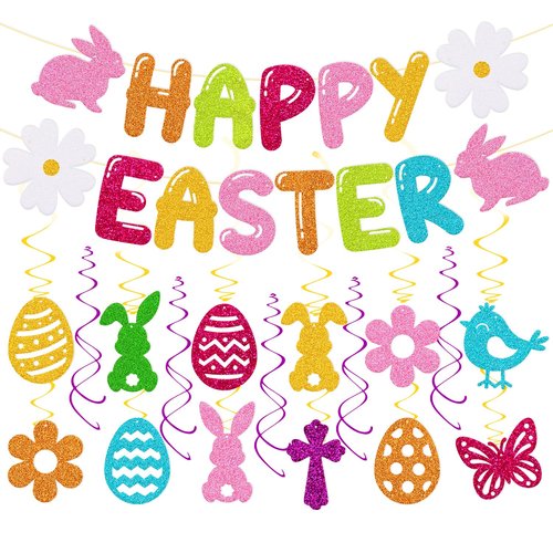 Easter Party Decoration Set Happy Easter Banner with 17 Pcs Hanging Swirl Decor Hello Spring Garland Eggs Hunting Bunnies Flowers Goodies Chocolate Jesus theme Party Supplies