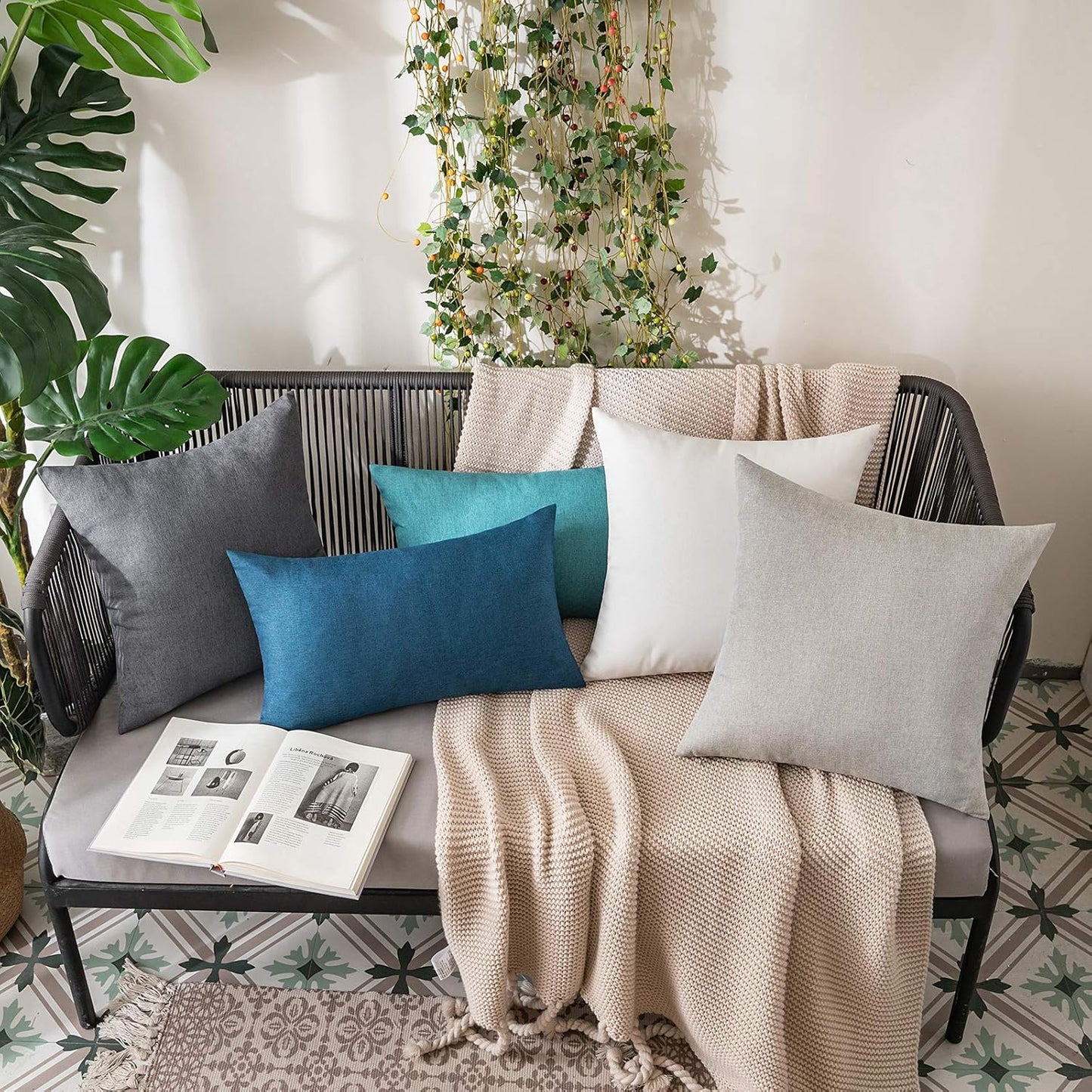 MIULEE Decorative Outdoor Throw Pillow Covers - Waterproof Faux Linen Cushion Cases | 16x16 Inch Dark Grey (Pack of 2)
