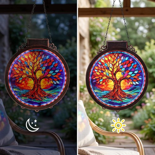 Hoikwo Solar Powered Suncatcher | Tree of Life Design | 8.6" Stained Acrylic Window Decor for Gardens & Porches