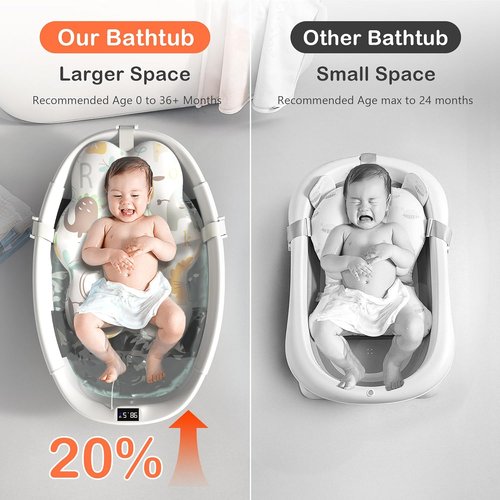 Collapsible Baby Bathtub - Portable Infant Bath Tub with Thermometer & Cushion | Foldable Design for Newborns 0-36 Months (Grey)