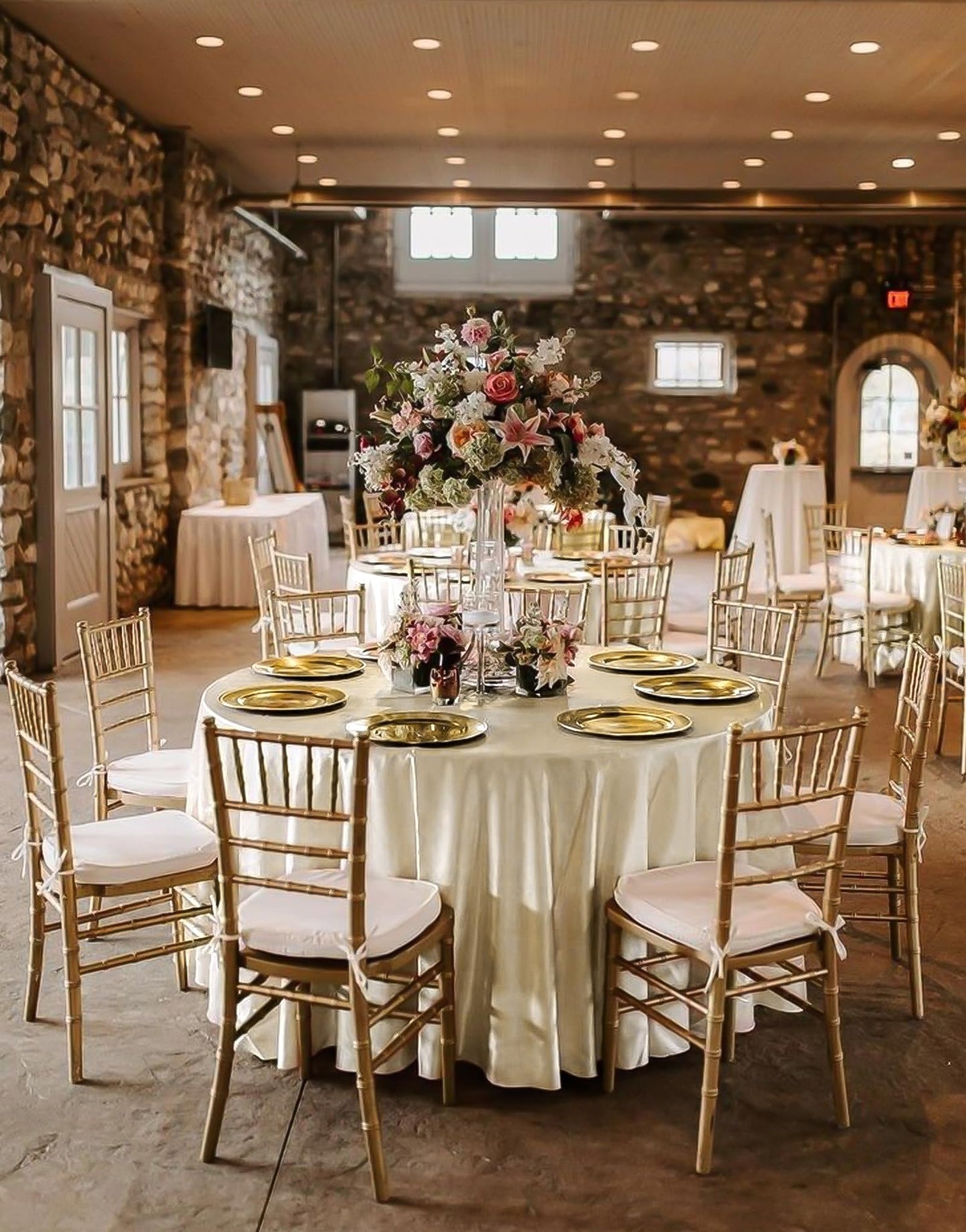 REWOMC 12 Pack 90 Inch Round Tablecloth, Champagne Satin Fabric, Wrinkle & Stain Resistant, Perfect for Weddings & Banquets