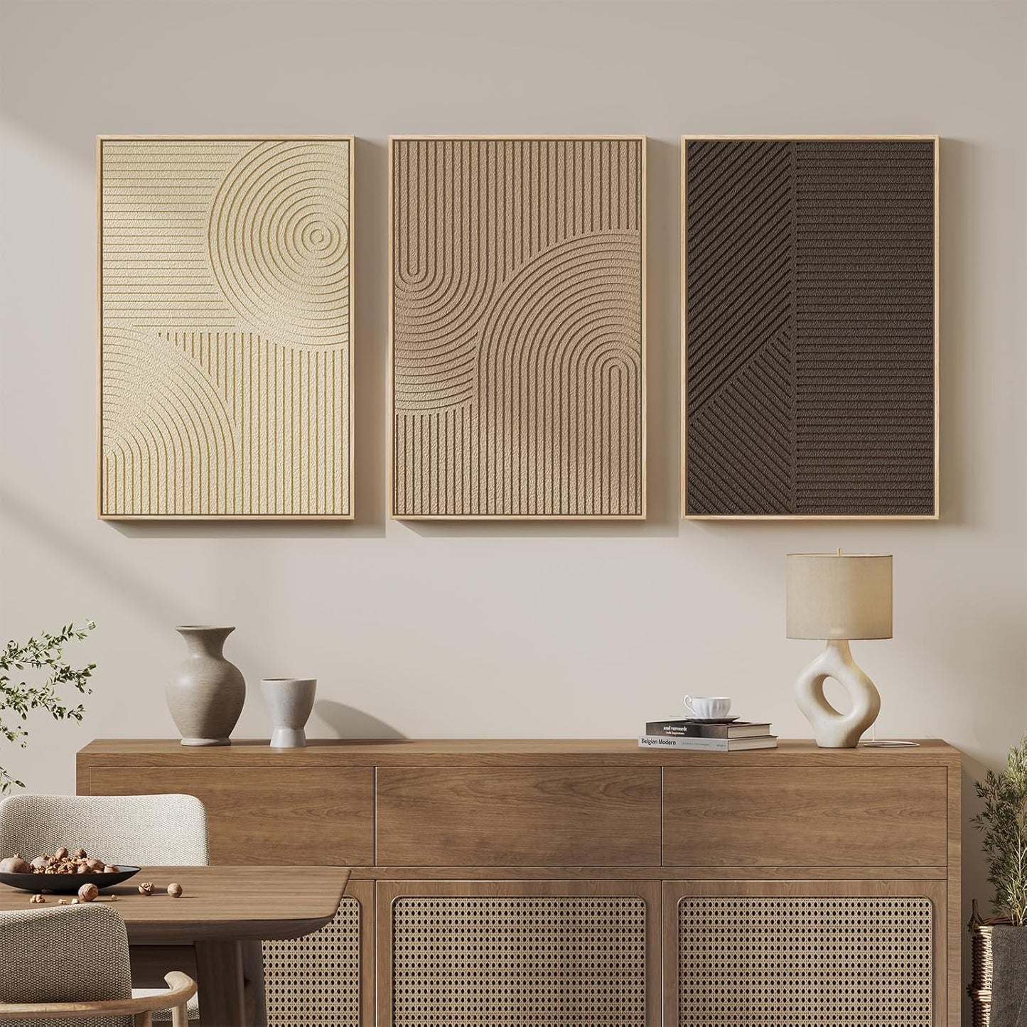 Skiennix Large 3D Textured Boho Wall Art - Modern Minimalist Paintings | 3-Piece Set, Brown & Beige, 20x30 In