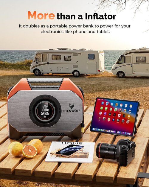 ETENWOLF VORTEX S6 Tire Inflator - Portable Air Compressor for Heavy-Duty Vehicles | 19200 mAh Battery, Dual Cylinder, Vivid Orange