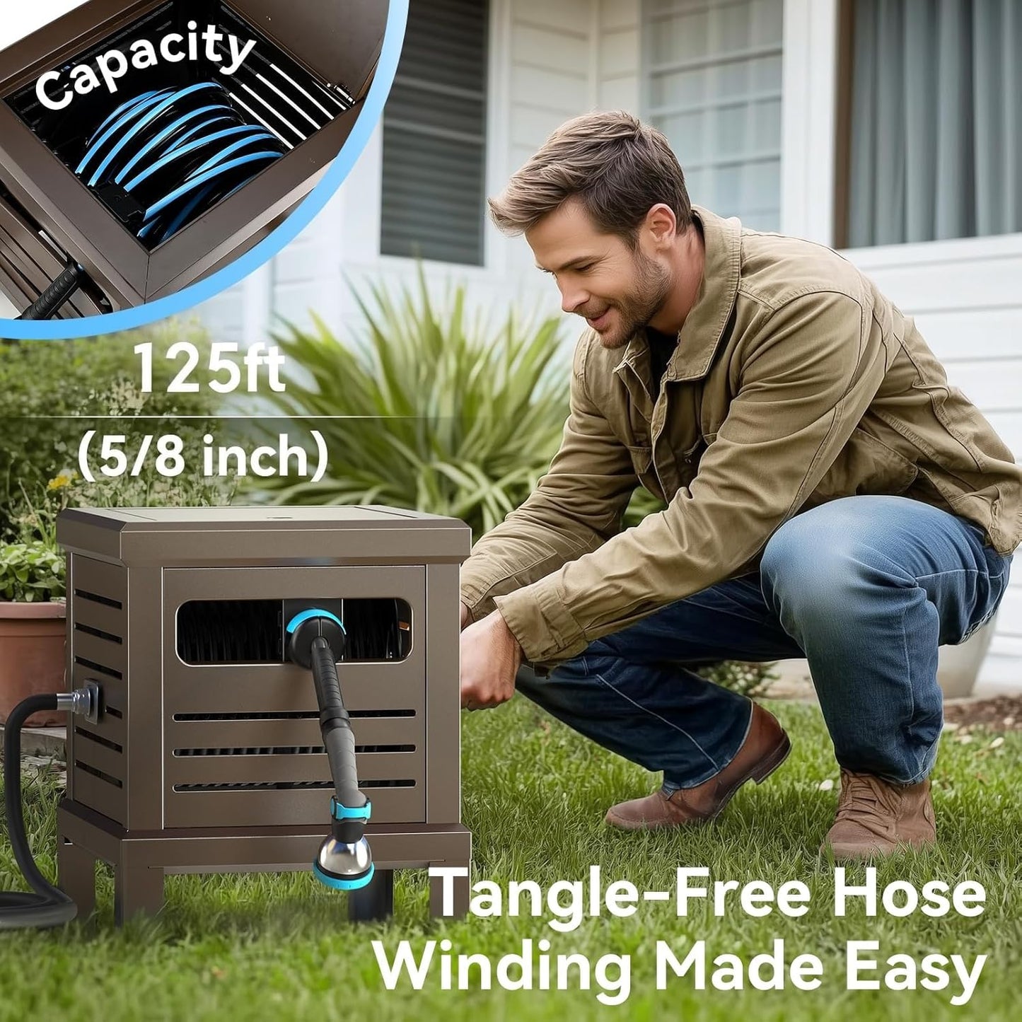 Relhost Hose Reel - Heavy Duty Metal Garden Hose Storage Box | Holds 125 ft x 5/8" Hose, Never-Leak System
